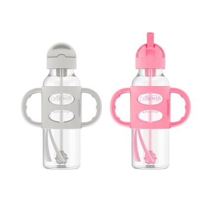 Dr. Brown's Milestones Narrow Sippy Straw Bottle, Spill-Proof with 100% Silicone Handles and Weighted Straw, 8 oz/250 mL, Gray & Pink, 6m+ Gray Pink