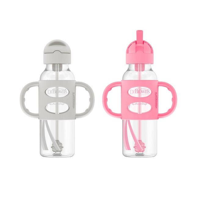 Dr. Brown's Milestones Narrow Sippy Straw Bottle, Spill-Proof with 100% Silicone Handles and Weighted Straw, 8 oz/250 mL, Gray & Pink, 6m+ Gray Pink