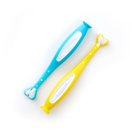 Frida Baby Triple-Angle Toothhugger Training Toddler Toothbrush | Toddler Toothbrush 2 Years and Up, Cleans All Sides at Once | 2 Pack (Yellow + Blue)