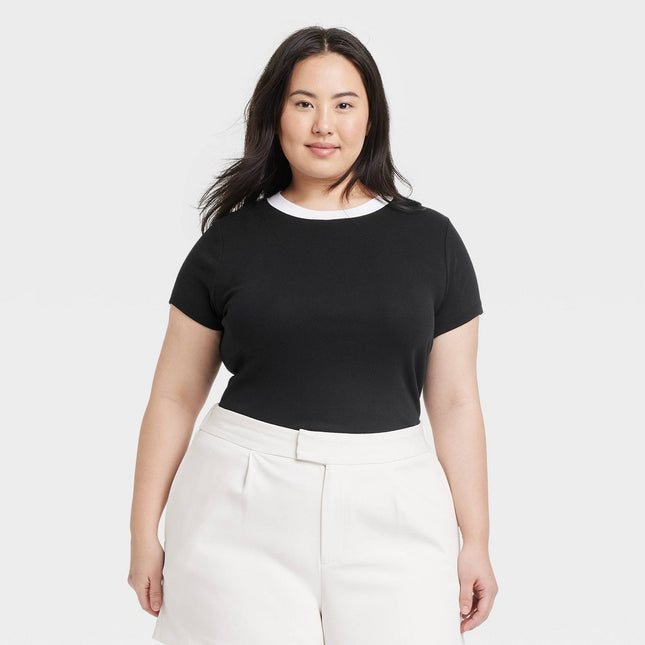 Women's Short Sleeve Ribbed T-Shirt - A New Day Black/White XL: Cotton Modal Blend, Crew Neck, Pullover