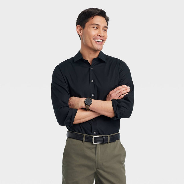 Men's Performance Long Sleeve Button-Down Dress Shirt - Goodfellow & Co™ Black XL: Cotton Blend, Recycled Polyester, Spandex