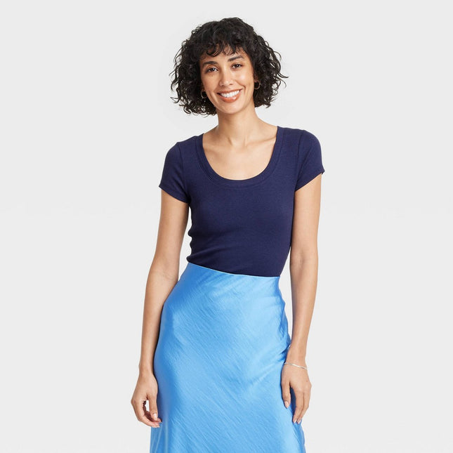 Women's Slim Fit Short Sleeve Ribbed Scoopneck T-Shirt - A New Day Navy L: Cotton Modal Blend, Pullover Style
