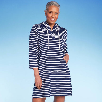 Lands' End Women's Striped V-Neck Terry Hooded Swimsuit Cover Up - Navy Blue/White XS