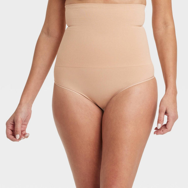 Women's - Auden Pearl Tan XL "Medium Shaping" Seamless High-Waist Thong: Nylon Spandex Knit Control Panties