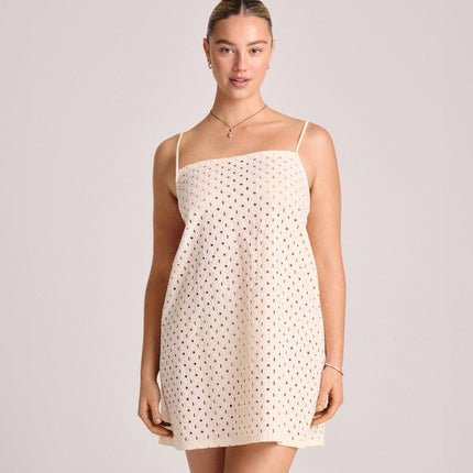 Vitamin A Women's Eyelet Mini Swim Cover Up Dress - White M: Adjustable Strap, Tie Detail, Semi-Opaque