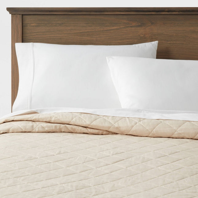 Full/Queen Diamond Stitch Cotton Linen Quilt Khaki - Threshold: OEKO-TEX Certified, Midweight Coverlet