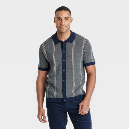 Men's Short Sleeve Cardigan Sweatshirt - Goodfellow & Co™ Navy Blue L: Cotton Viscose Blend, Polo Collar