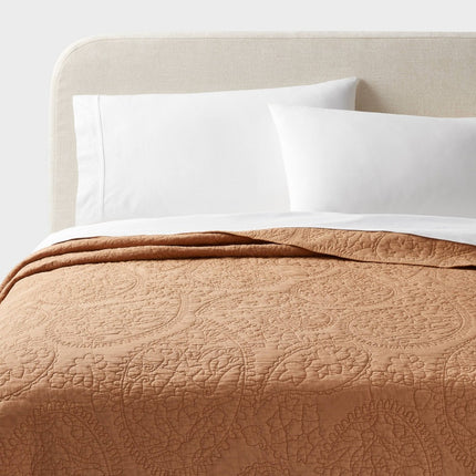 Full/Queen Garment Washed Paisley Stitch Quilt Camel - Threshold: OEKO-TEX Certified, Microfiber Coverlet