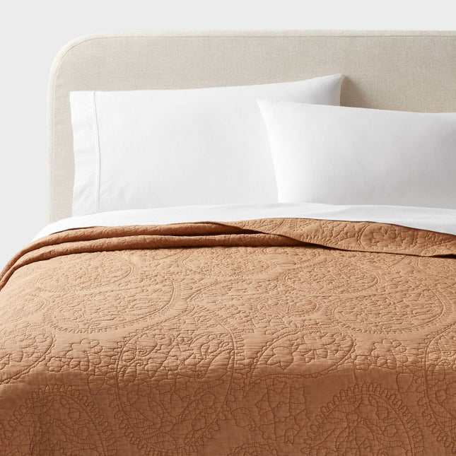 Full/Queen Garment Washed Paisley Stitch Quilt Camel - Threshold: OEKO-TEX Certified, Microfiber Coverlet