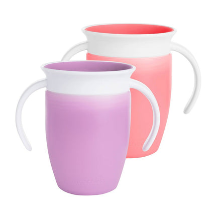 Munchkin Sippy Cup for 6 Month Old and Up, Spill Proof Miracle 360 Toddler Cups with Transition Handles, 7 Ounce, 2 Pack, Pink/Purple Pink