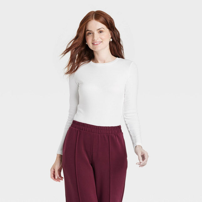 Women's Slim Fit Long Sleeve Ribbed T-Shirt - A New Day White M