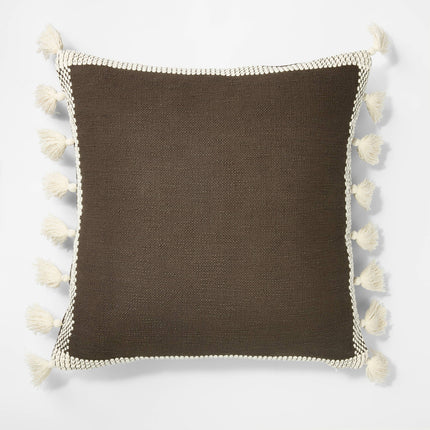 Threshold Woven Frame Square Throw Pillow with Side Tassels 20in Green/Cream