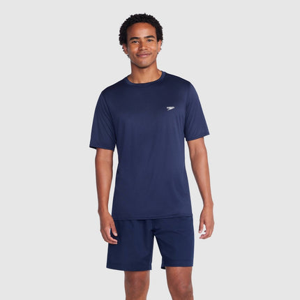 Speedo Men's Short Sleeve Rash Guard Swim Shirt - Navy Blue M: UPF 50+ Woven Pullover