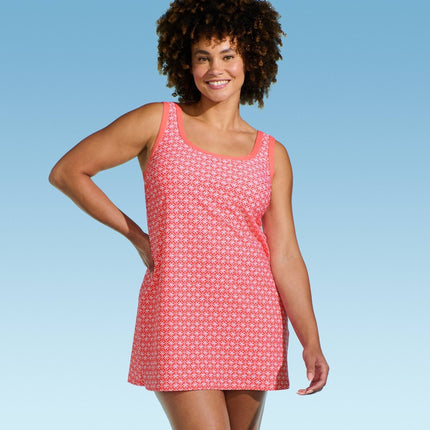 Lands' End Women's Swim Dress with Interior Shorts - Coral Pink L: Nylon Spandex Blend, Geometric Pattern, UPF 50+, Removable Cups