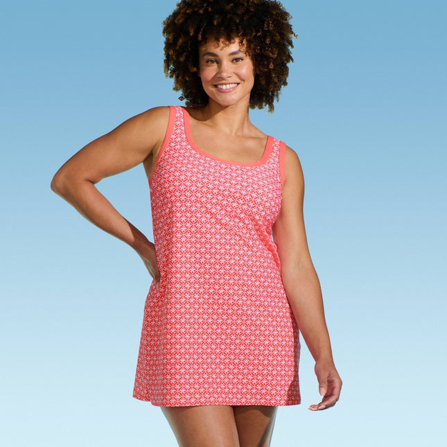 Lands' End Women's Swim Dress with Interior Shorts - Coral Pink L: Nylon Spandex Blend, Geometric Pattern, UPF 50+, Removable Cups