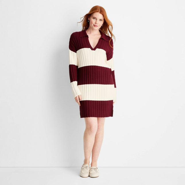 Women's Long Sleeve Oversized Rugby Mini Sweater Dress - Future Collective Burgundy Striped L: Polo Collar, Side Slit