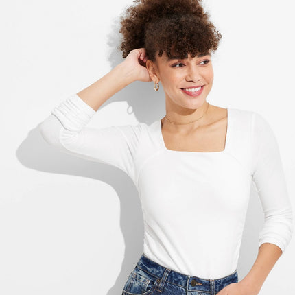 Women's Long Sleeve Ruched Squareneck Top - Wild Fable White S: Slim Fit, Lightweight Jersey, Pullover