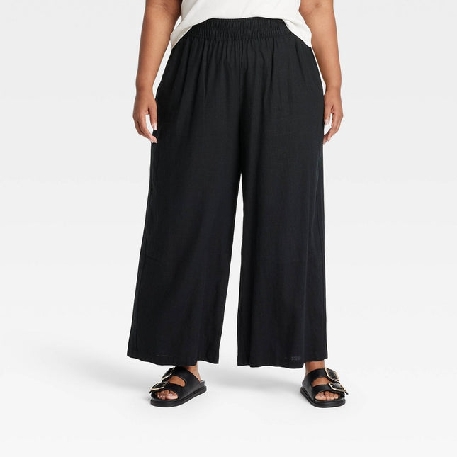 Women's High-Rise Wide Leg Linen Pull-On Pants - Ava & Viv Black 1X: Lightweight, Elastic Waist, Side Pocket