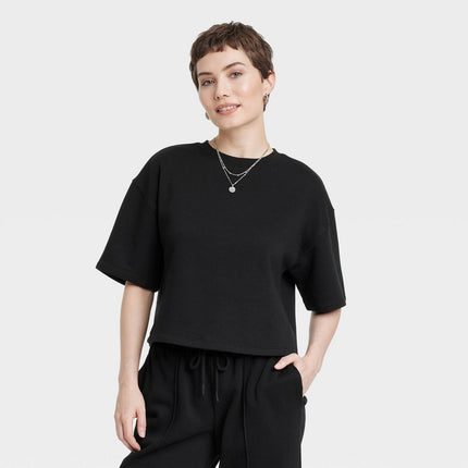 Women's Leisure Studio Short Sleeve Fleece Top - Universal Thread Black L: Crew Neck, Knit Fabric