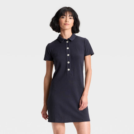Women's Short Sleeve Knit Mini Shirtdress - Universal Thread Navy Blue M
