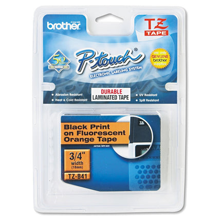 Brother Genuine P-touch TZE-B41 Tape, 3/4" (0.7") Wide Standard Laminated Tape, Black on Fluorescent Orange, Laminated for Indoor or Outdoor Use, Water-Resistant, 0.7" x 16.4' (18mm x 5M), TZEB41
