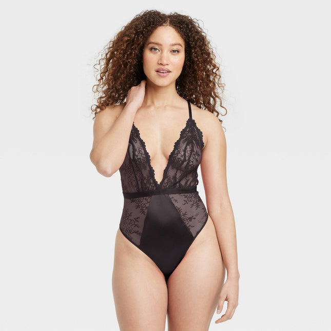 Women's Unlined Lace Lingerie Bodysuit - Auden Black S: Nylon Spandex V-Back, Sheer Above Knee