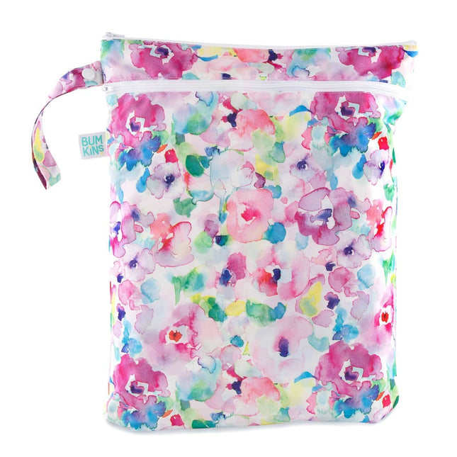 Bumkins Waterproof Wet Dry Bag for Baby, Travel, Swimsuit, Cloth Diaper, Pump Parts, Pool, Beach, Gym Clothes, Toiletry, Hook to Stroller, Daycare, Zip Reusable Wetdry Packing Pouch, Watercolor Floral Multicolor