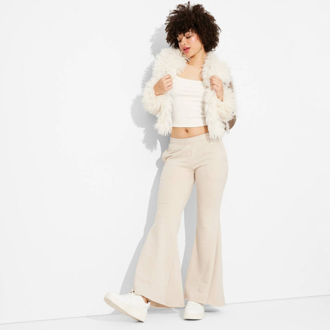 Women's Mid-Rise Washed Extreme Flare Sweatpants - Wild Fable Taupe L: Relaxed Fit, French Terry, Drawstring Waist