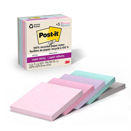 Post-it 100% Recycled Paper Super Sticky Notes, 2X The Sticking Power, 3x3 in, 5 Pads, 70 Sheets/Pad, Wanderlust Pastels Collection (654R-5SSNRP)