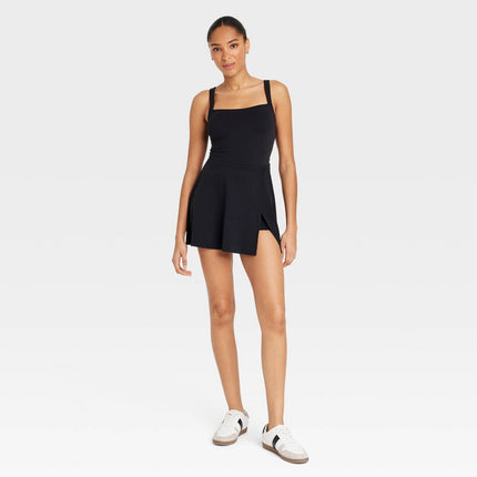 Women's Knit Squareneck Slit Active Dress - JoyLab Black S: Built-in Shorts, Sleeveless, Fit