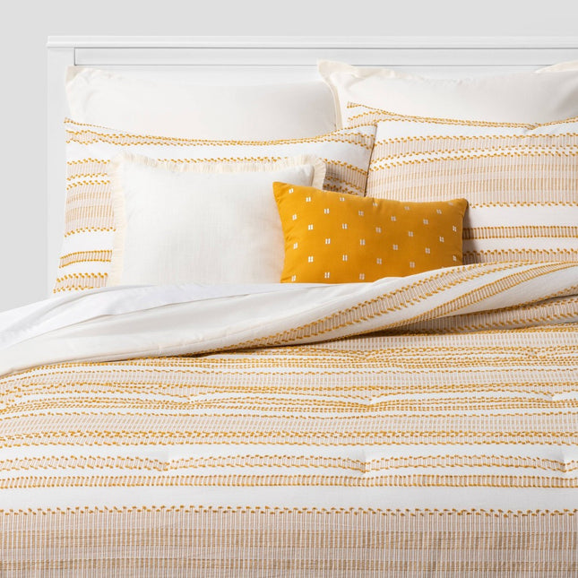 8pc King Clipped Jacquard Stripe Comforter Set Yellow/Off-White - Threshold: Bedding Ensemble with Euro Shams & Bed Skirt (Please be advised that sets may be missing pieces or otherwise incomplete.)