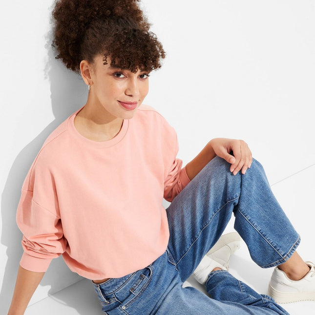 Women's Bubble Hem Sweatshirt - Wild Fable Peach Orange XS: Midweight Knit, Crew Neck, Long Sleeve Pullover