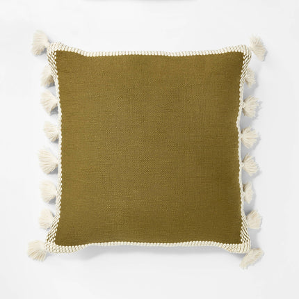 Threshold Woven Frame Square Throw Pillow with Side Tassels 20in Green/Cream