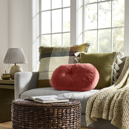 Threshold Woven Frame Square Throw Pillow with Side Tassels 20in Green/Cream