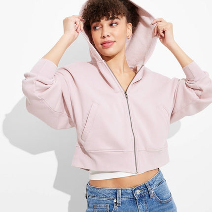 Women's Wedge Zip-Up Hooded Sweatshirt - Wild Fable Mauve S: Heavyweight Fleece, Front Pocket, Ribbed Hem