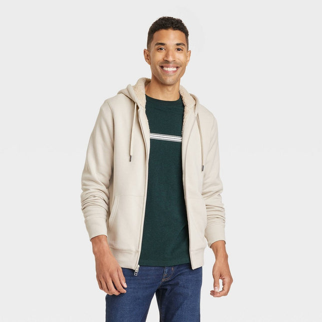 Men's High-Pile Fleece Lined Hooded Zip-Up Sweatshirt - Goodfellow & Co™ Beige S
