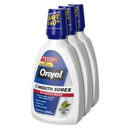 Orajel Nonseptic Mouth Sore Rinse 16oz, Soothing Mint Flavor, Provides Pain Relief, Promotes Healing, 3-Pack