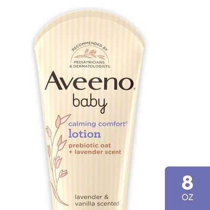 Aveeno Baby Calming Comfort Moisturizing Lotion with Relaxing Lavender & Vanilla Scents, Non-Greasy Body Lotion with prebiotic Oatmeal & Dimethicone, Paraben- & Phthalate-Free, 8 fl. oz