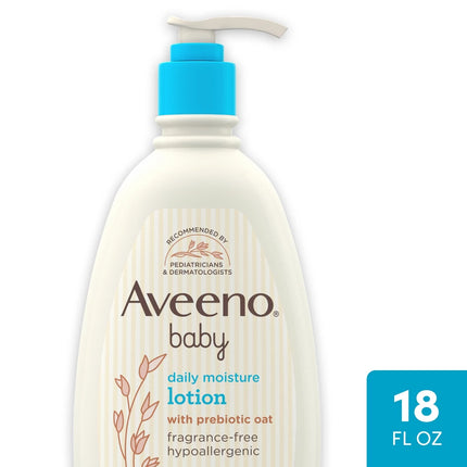 Aveeno Baby Daily Moisture Body Lotion for Sensitive Skin, Hypoallergenic Moisturizing Baby Lotion with Nourishing Oatmeal to Deeply Moisturize Baby's Skin, Fragrance-Free, 18 fl. oz