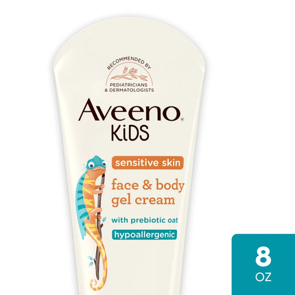 Aveeno Sensitive Skin Face & Body Gel Cream for Kids with Prebiotic Oat, Clinically Proven 24 Hour Hydration for Soft Skin, Quick Drying and Lightweight, Hypoallergenic, 8 oz