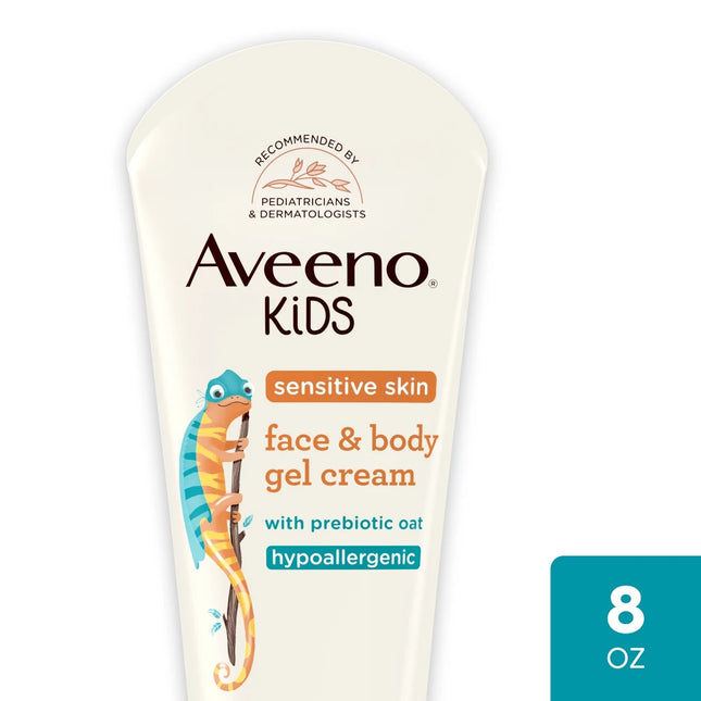 Aveeno Sensitive Skin Face & Body Gel Cream for Kids with Prebiotic Oat, Clinically Proven 24 Hour Hydration for Soft Skin, Quick Drying and Lightweight, Hypoallergenic, 8 oz