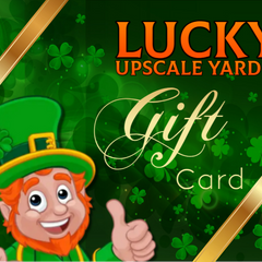 Lucky's Upscale Yard Sale gift card with a cartoon leprechaun on a green background with shamrocks. The gift  card can be redeemed in-store and online at luckyhaggler.com