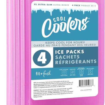 Cool Coolers by Fit & Fresh 4 Pack XL Slim Ice Packs, Quick Freeze Space Saving Reusable Ice Packs for Lunch Boxes or Coolers, Purple Purple 4 PK