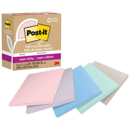 Post-it 100% Recycled Paper Super Sticky Notes, 2X The Sticking Power, 3x3 in, 5 Pads, 70 Sheets/Pad, Wanderlust Pastels Collection (654R-5SSNRP)