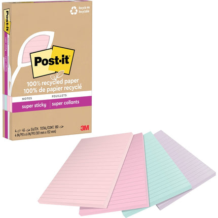 Post-it 100% Recycled Paper Super Sticky Notes, Lined, 4 in. x 6 in., 4 Pads, 45 Sheets per Pad, Wanderlust Pastels, School Supplies and Office Products