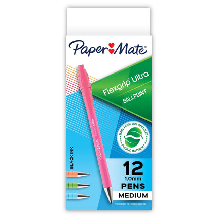 9 Paper Mate FlexGrip Ultra Ballpoint Pens Made from Recycled Plastic Materials Assorted Barrel Colors Medium Point (1.0mm) Black 12 Count