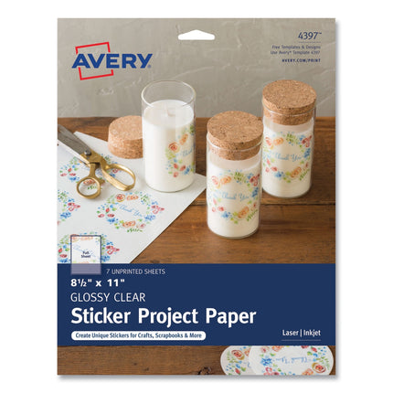 Avery Printable Sticker Paper, 8.5" x 11", Glossy Clear, Permanent Adhesive, Laser/Inkjet Compatible, 7 Full-Size Label Sheets, Great for Product Branding, Cute Stickers, Custom Signs, and More (4397)