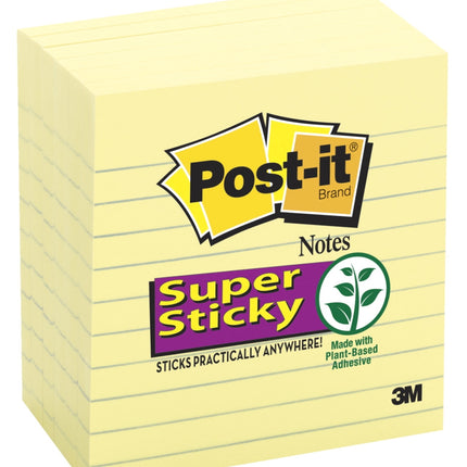 Post-it Super Sticky Lined Notes, 6 Sticky Note Pads, 4 x 4 in., School Supplies for Students, Ideal for Textbooks, Notebooks, Walls and Vertical Surfaces, Canary Yellow