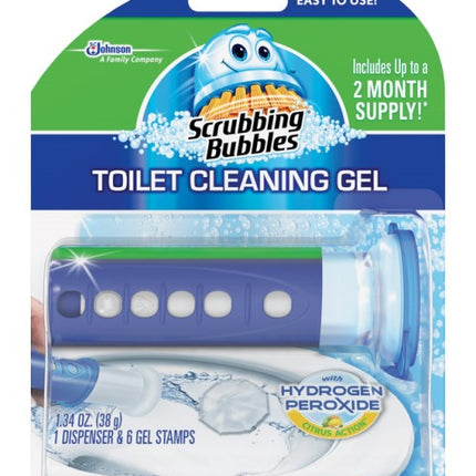 Scrubbing Bubbles Fresh Gel Toilet Bowl Cleaning Stamps, Helps Keep Toilet Clean and Helps Prevent Limescale & Rings, Citrus Scent, 1 Dispenser with 6 Fresh Gel Stamps