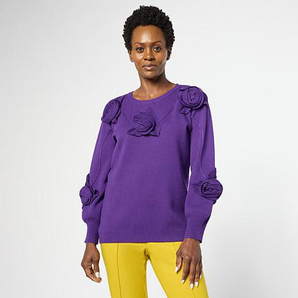 Antthony 3-Dimensional Rosette Long-Sleeve Knit Sweater with Blouson Sleeves